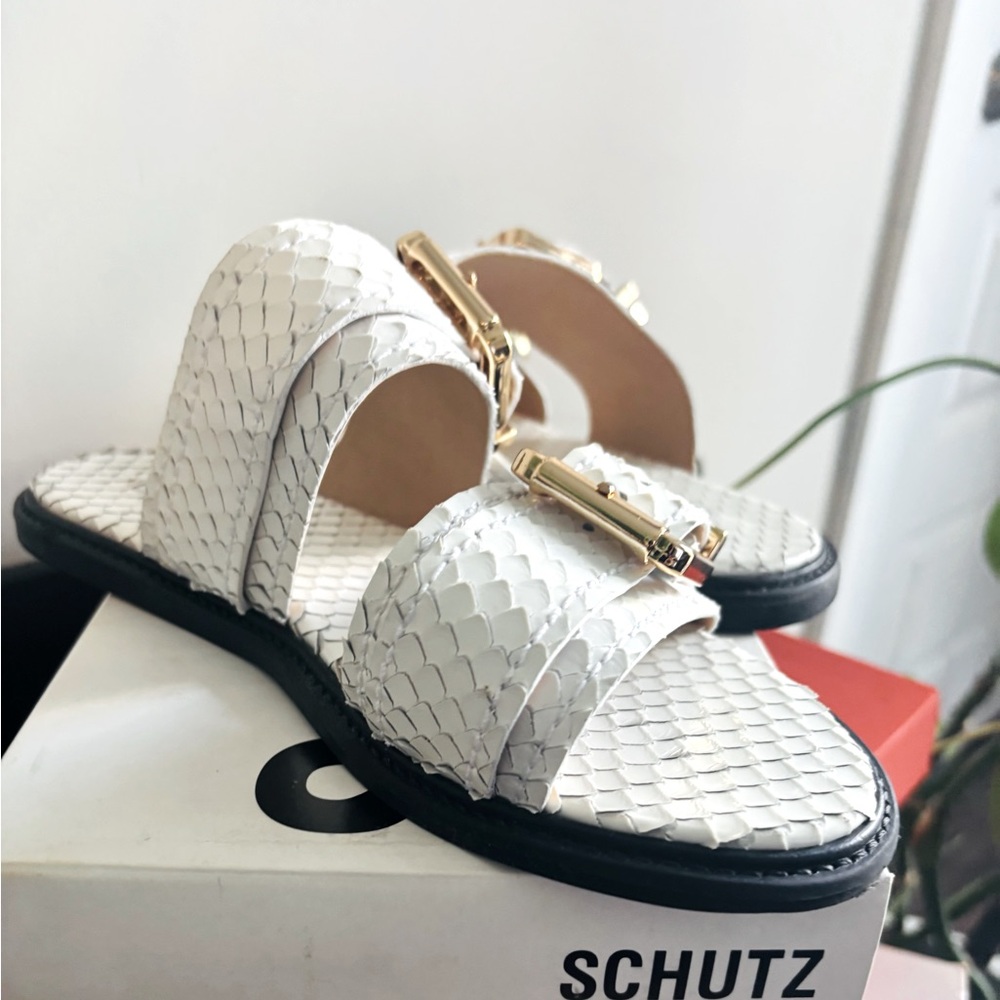 SCHUTZ White and Gold Slide Sandals with Snake Texture